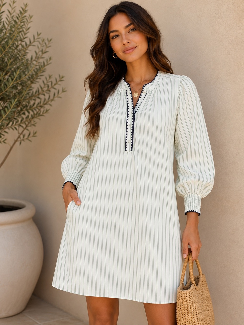 Pomander Place Cream Stripe Midi Dress with Black Trim